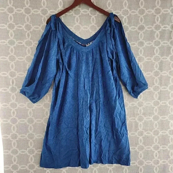 Anthropologie Holding Horse V Neck Blue Pattern Cold Shoulder Shift Dress M - Picture 2 of 11